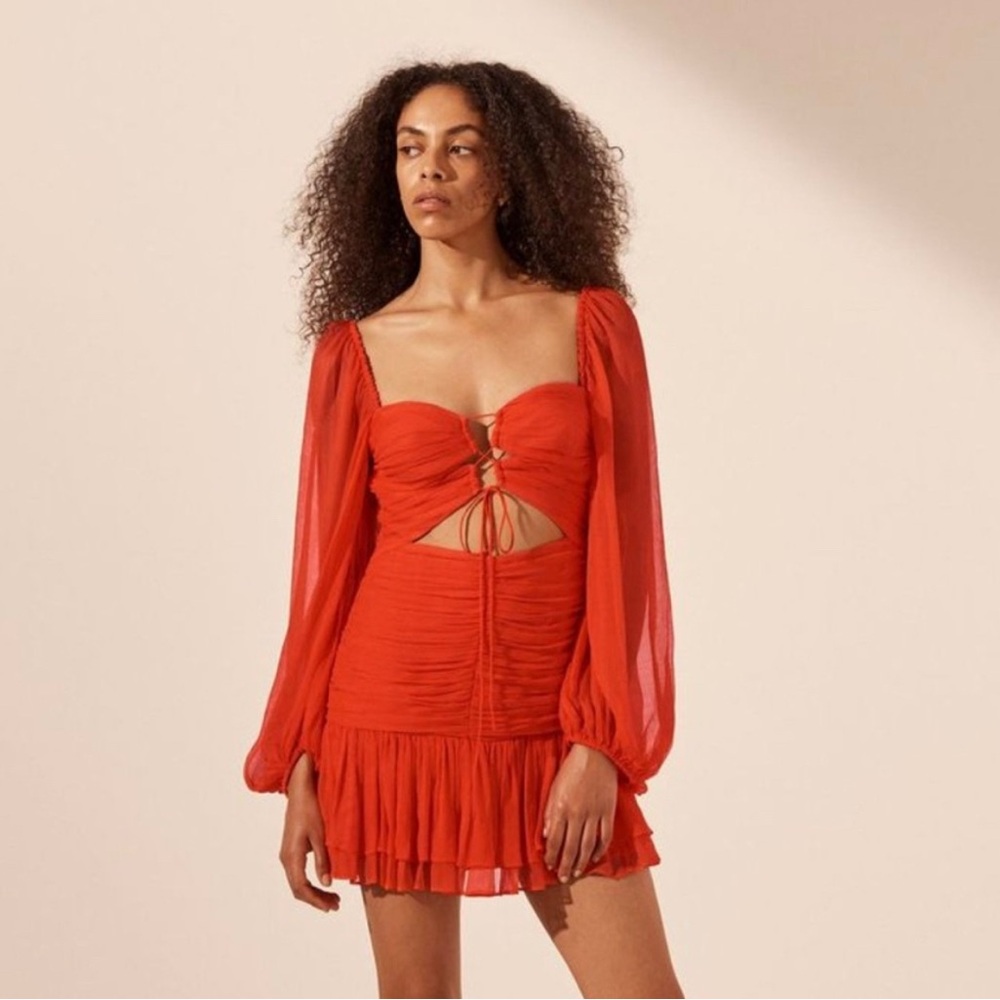SHONA JOY Maya Balloon Sleeve Ruched Lace Up Mini Dress SZ 12 US 16 AUD NWT